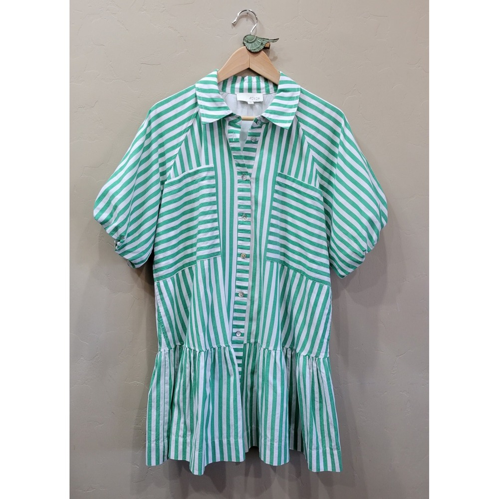 Pinch Green White Striped Button Down Mini Dress Puff Sleeve Tiered Hem Large